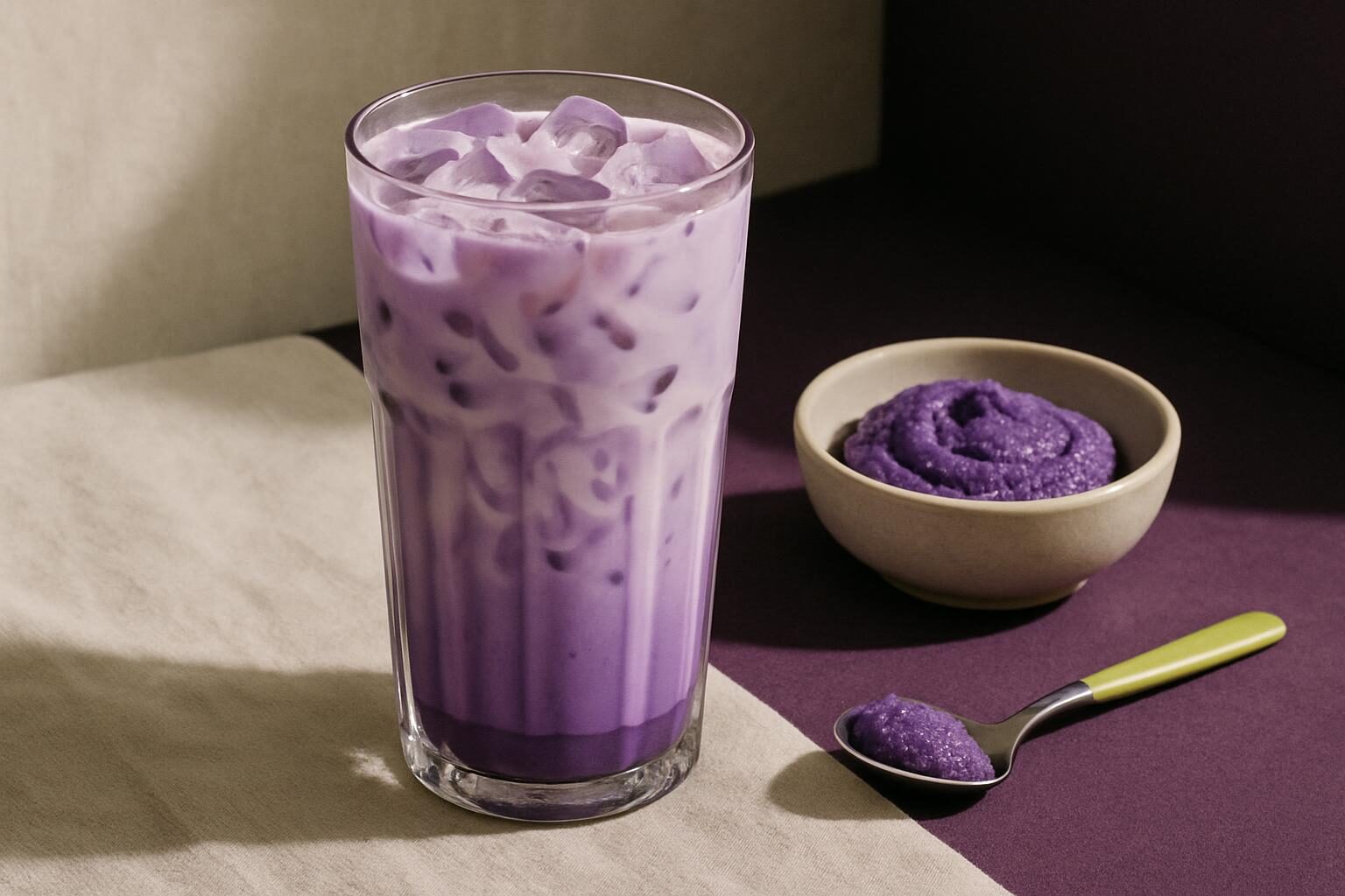 Iced ube latte in een hoog glas met lila melk en ijs, met een schaaltje paarse ube-pasta ernaast