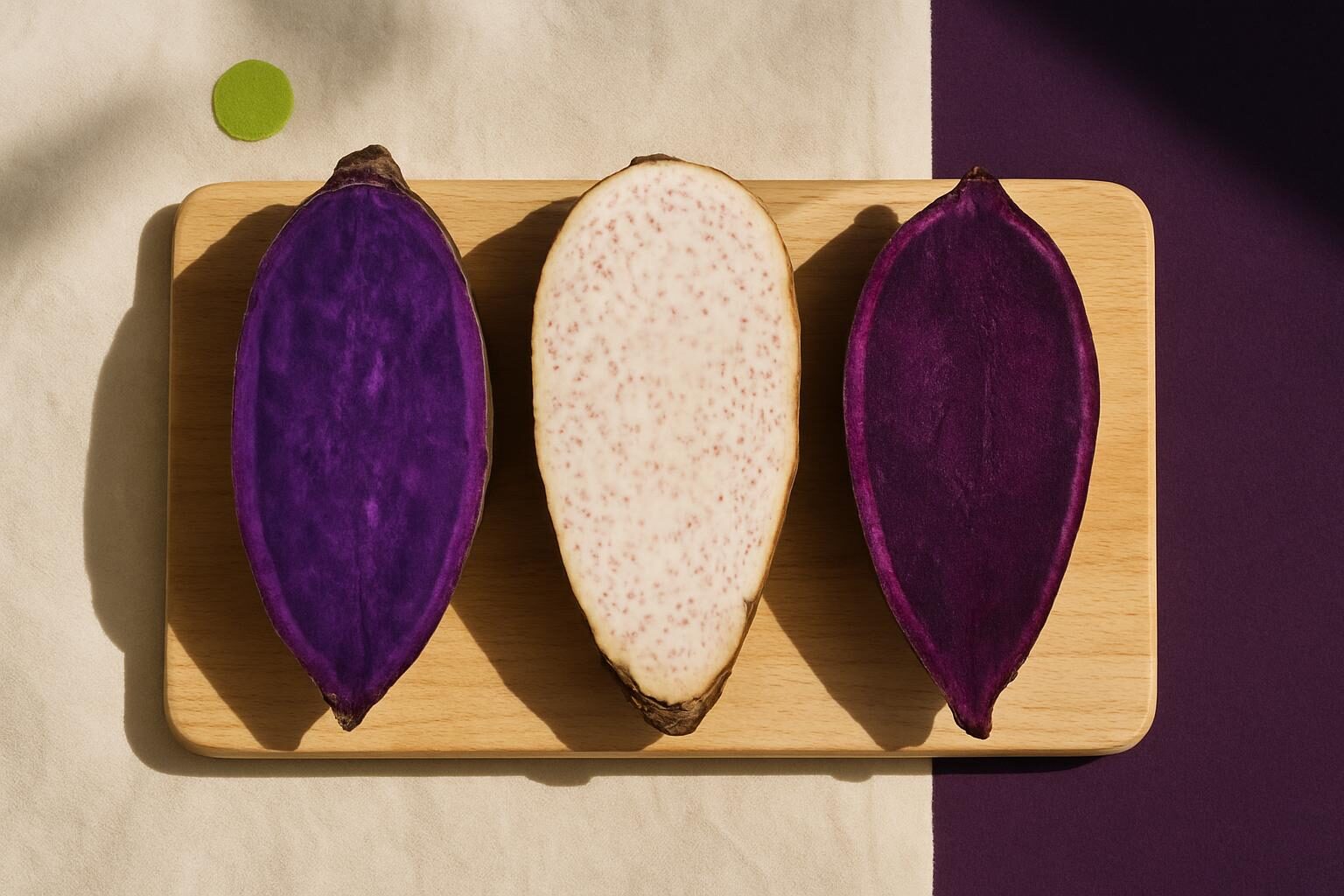 Drie doorgesneden knollen naast elkaar: paarse yam, taro met witte kern en paarse spikkels, en paarse zoete aardappel