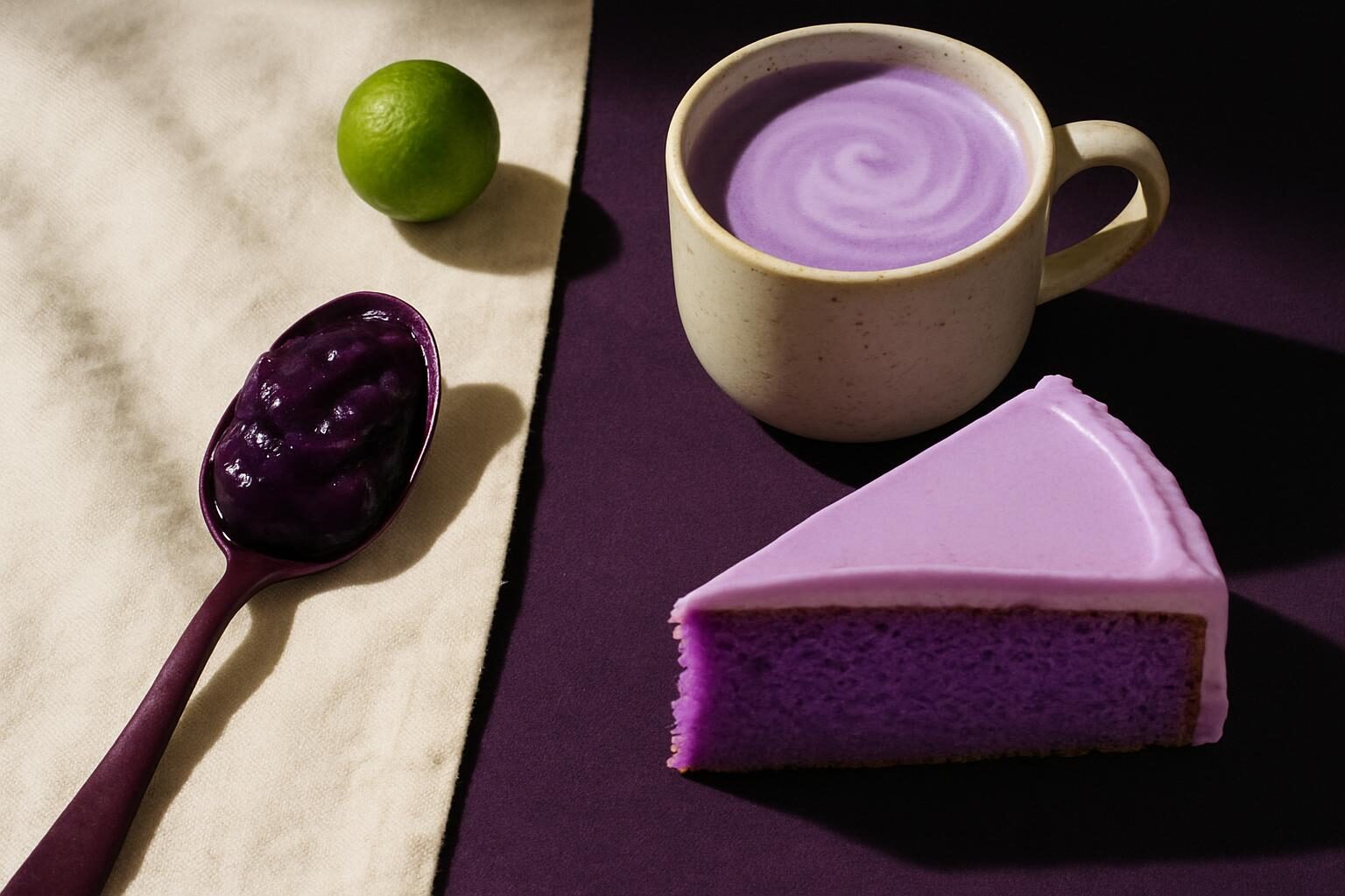 Een lepel paarse ube halaya, een stuk lila ube-cake en een kopje ube latte