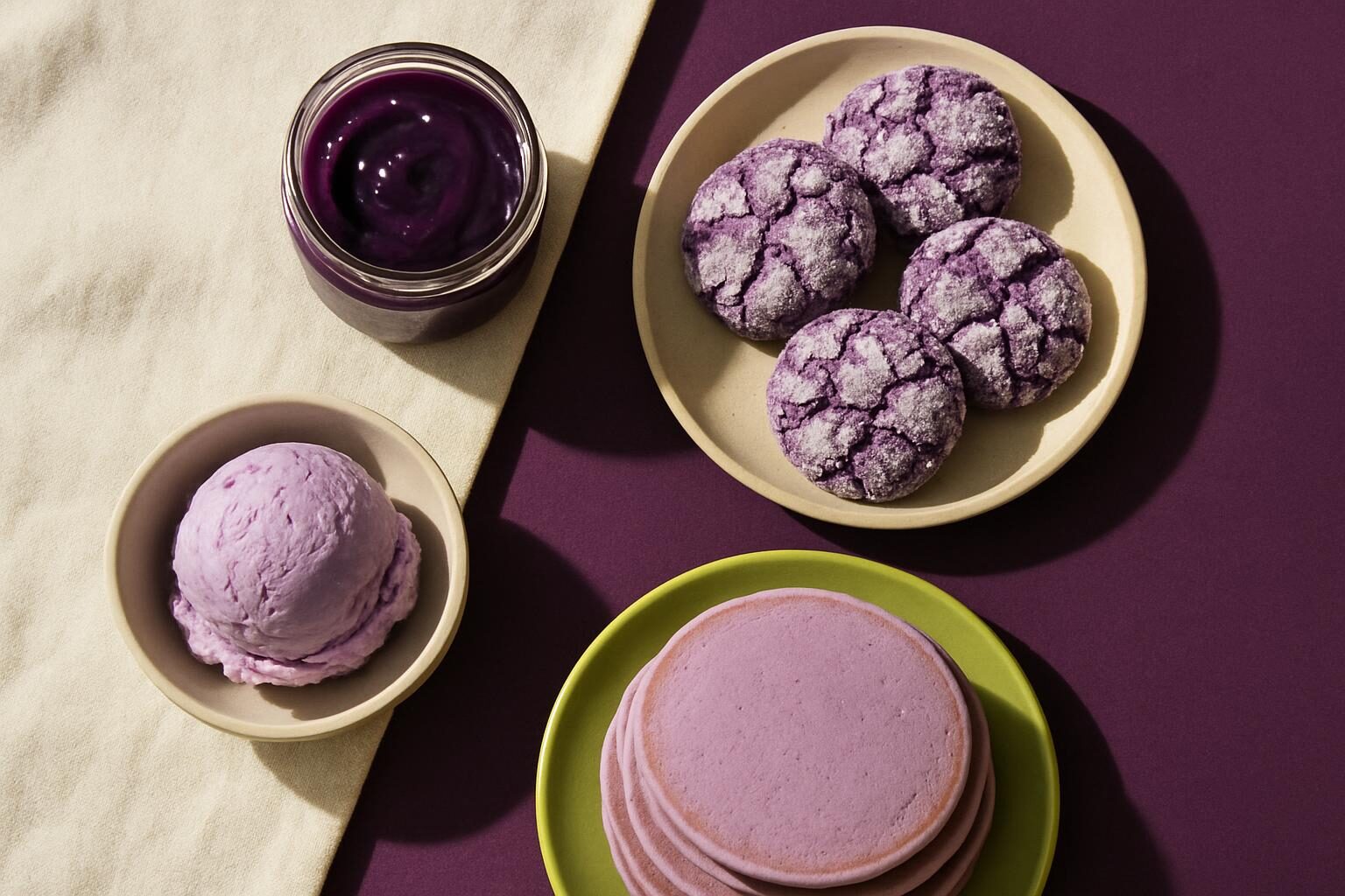 Een potje paarse ube halaya, paarse koekjes met poedersuiker, een bolletje lila ube-ijs en een stapeltje pannenkoeken